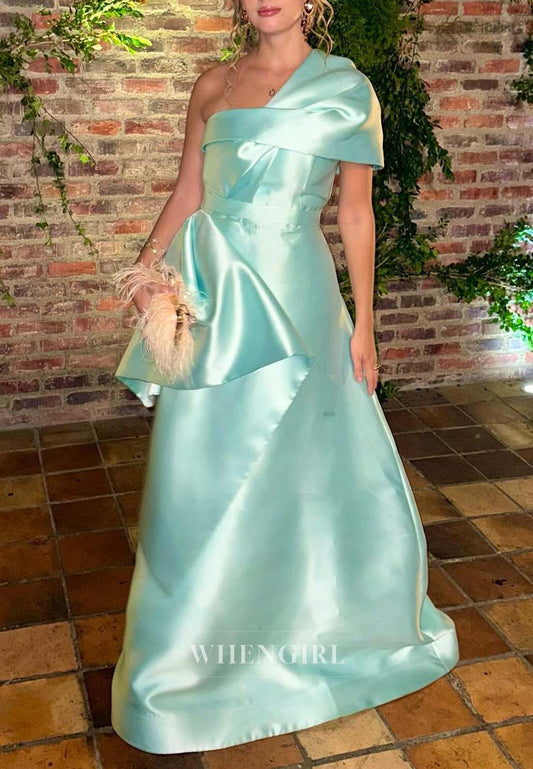 Sage One Shoulder Sleeveless Satin A-Line Floor Length Formal Dress Evening Gown