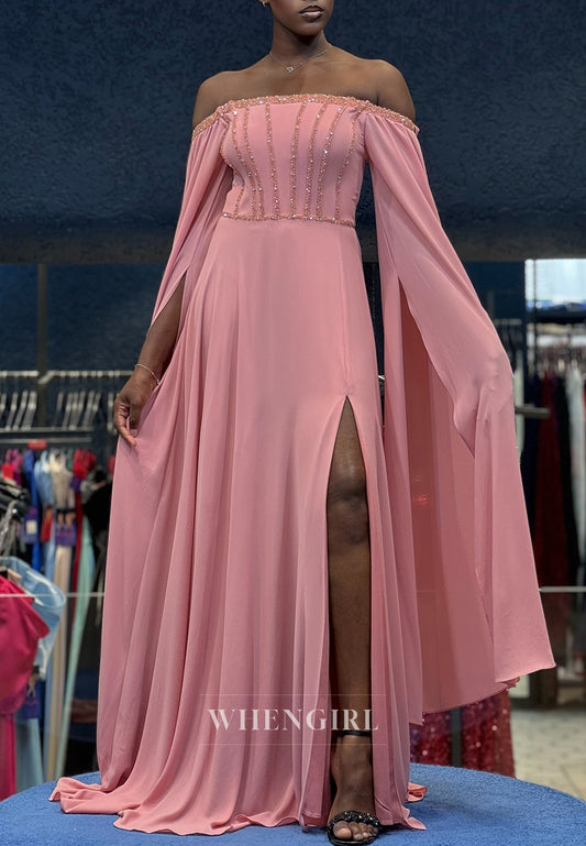 Column Off Shoulder Long Bell Sleeves Side Slit Beaded Evening Formal Dress