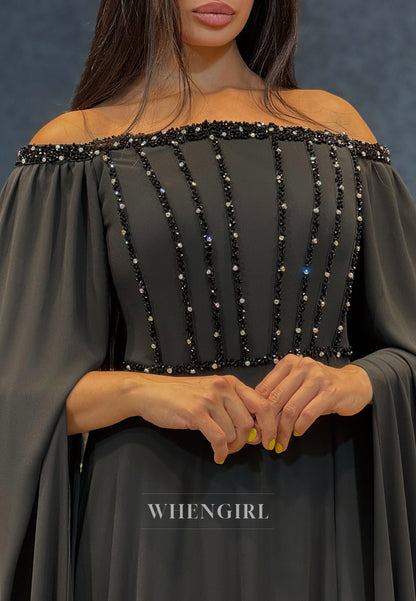 Column Off Shoulder Long Bell Sleeves Side Slit Beaded Evening Formal Dress