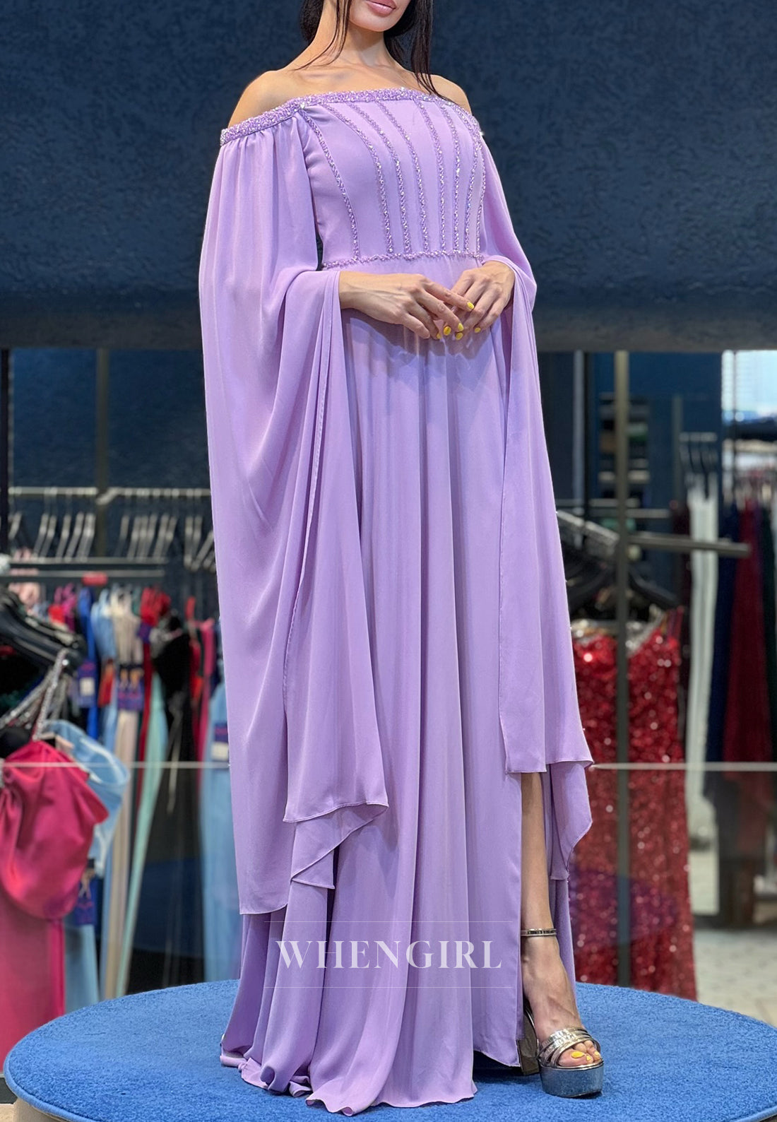 Column Off Shoulder Long Bell Sleeves Side Slit Beaded Evening Formal Dress
