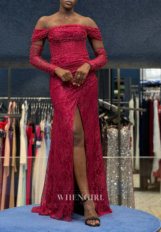 Column Off Shoulder Long Sleeves Beaded Lace Formal Evening Gown with Side Slit