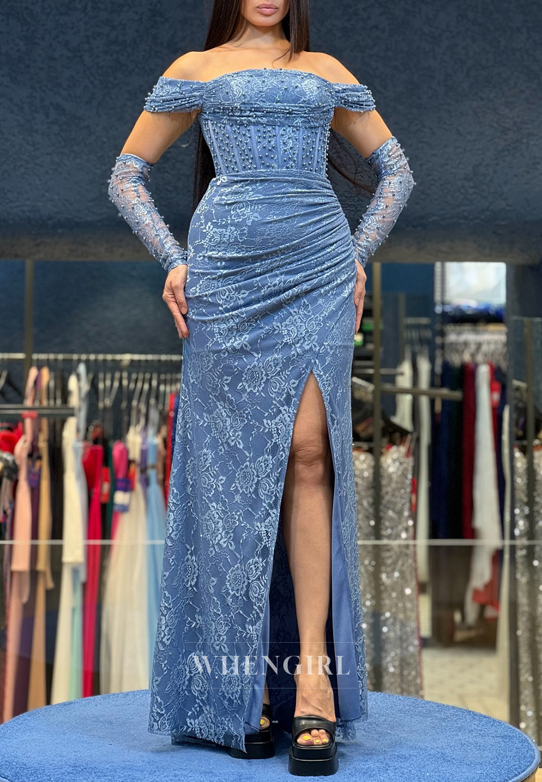 Column Off Shoulder Long Sleeves Beaded Lace Formal Evening Gown with Side Slit