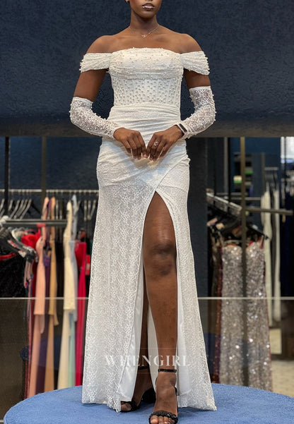 Column Off Shoulder Long Sleeves Beaded Lace Formal Evening Gown with Side Slit