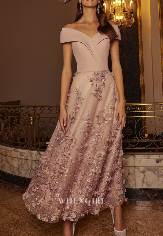 Light Coral Off Shoulder Sleeveless Floral Beaded A-Line Mother of the Bride Dress