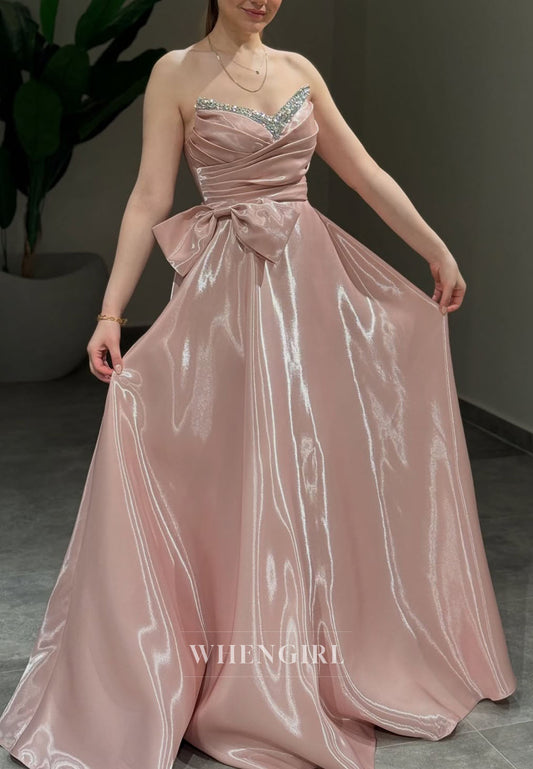 V Neck Sleeveless A-Line Evening Dress Bowknot Lace Up Pleated Sweep Train Formal Dress