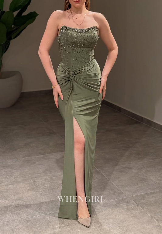Column Sleeveless Beaede Formal Gown Strapless Pleated Side Slit Floor Length Evening Dress
