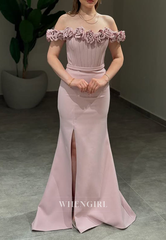 Sheath Sleeveless Off Shoulder Formal Dress with 3D Flowers Side Slit Floor Length Evening Dress