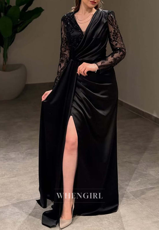 V Neck Lace Long Sleeves Formal Dress Side Slit Pleated Sheath Floor Length Evening Gown