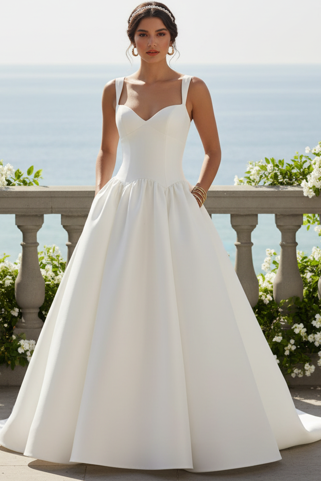 Ball Gown Satin Court Train Wedding Dress with Straps and Buttons