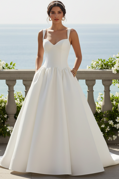 Ball Gown Satin Court Train Wedding Dress with Straps and Buttons