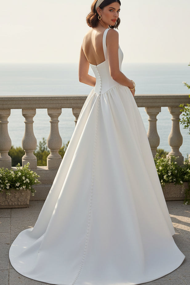Ball Gown Satin Court Train Wedding Dress with Straps and Buttons