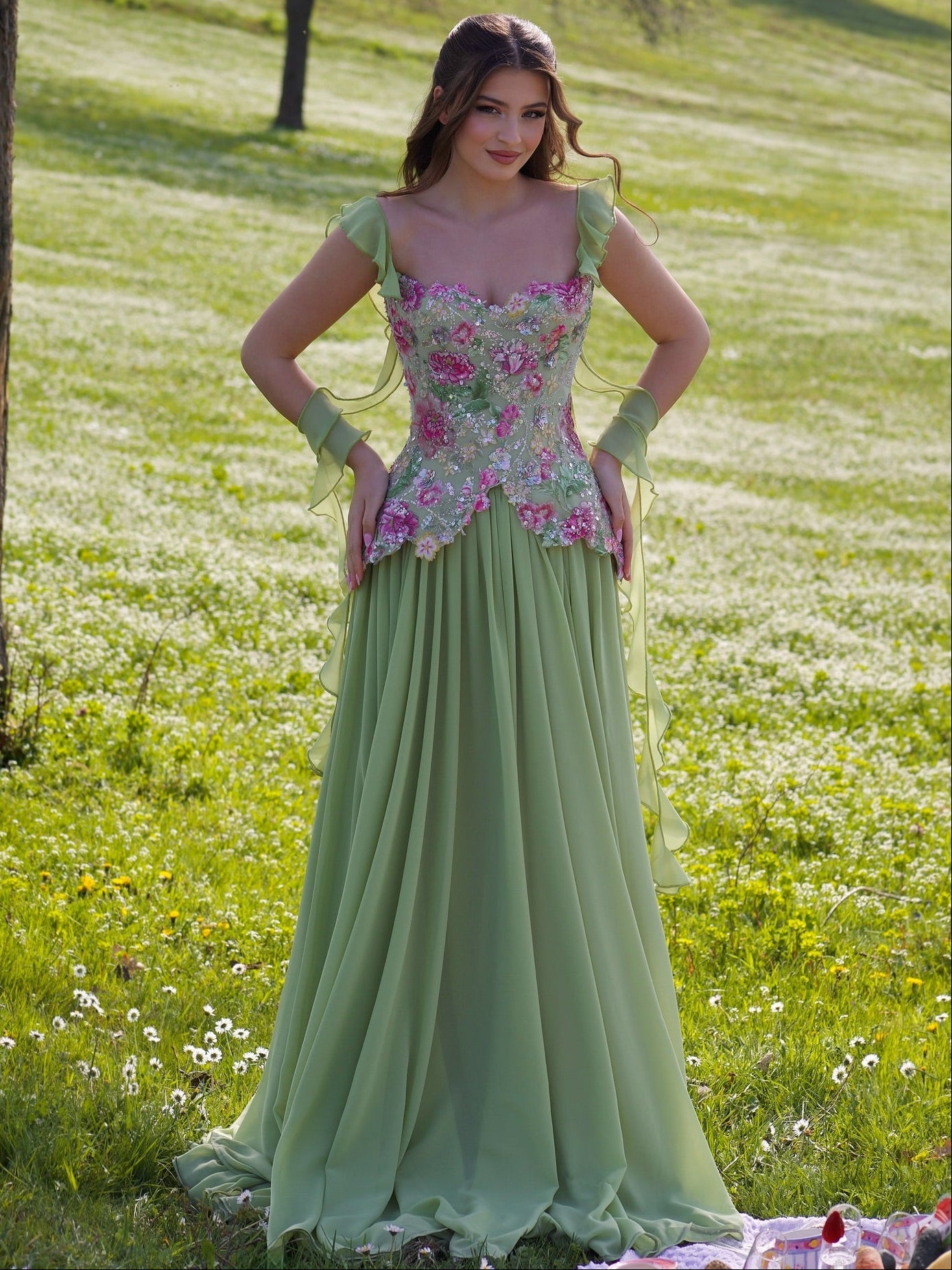 A-Line Off Shoulder Floral Formal Long Dress