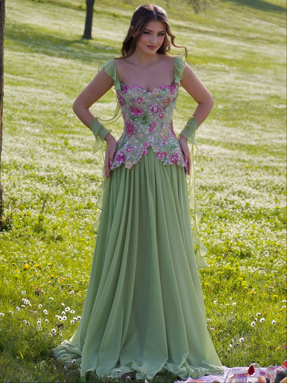 A-Line Off Shoulder Floral Formal Long Dress