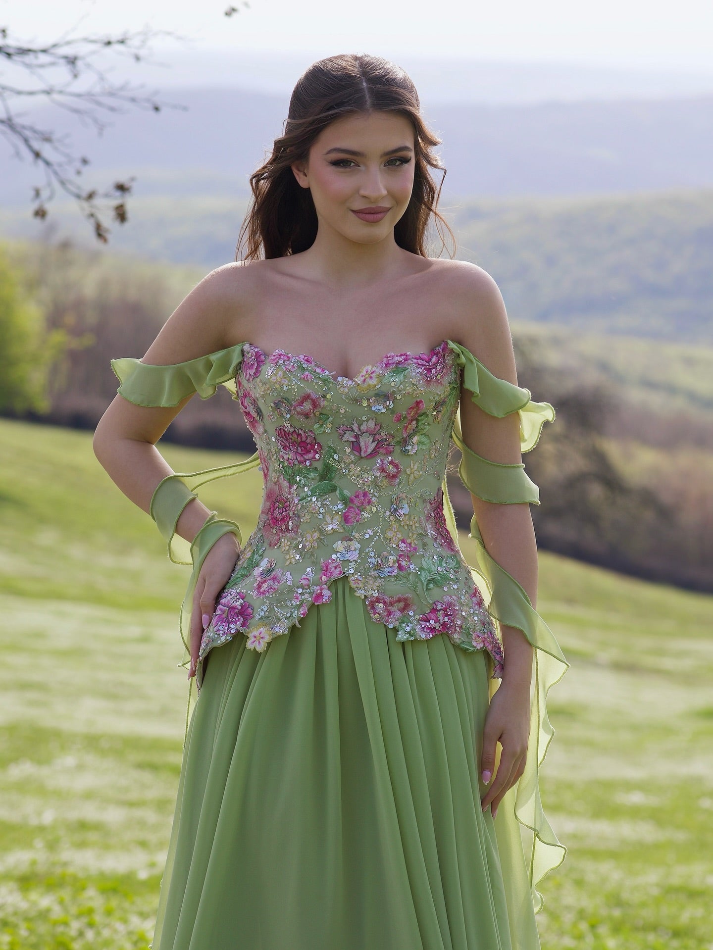 A-Line Off Shoulder Floral Formal Long Dress