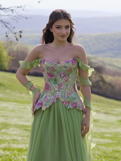 A-Line Off Shoulder Floral Formal Long Dress
