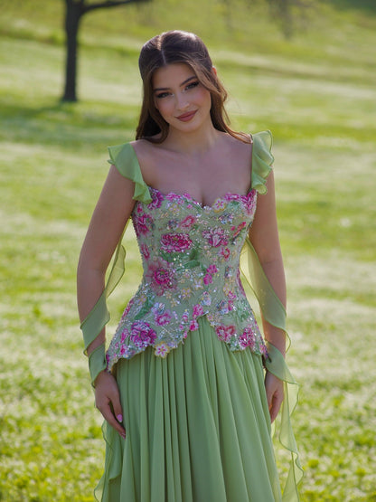 A-Line Off Shoulder Floral Formal Long Dress