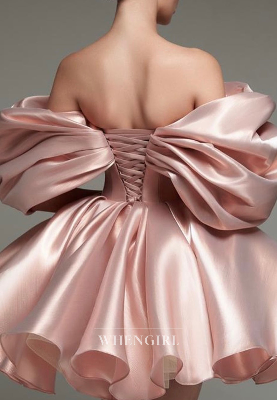 Pearl Pink Off Shoulder A-Line Tie Back Satin Homecoming Dress