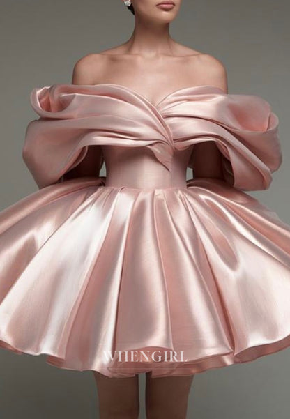 Pearl Pink Off Shoulder A-Line Tie Back Satin Homecoming Dress