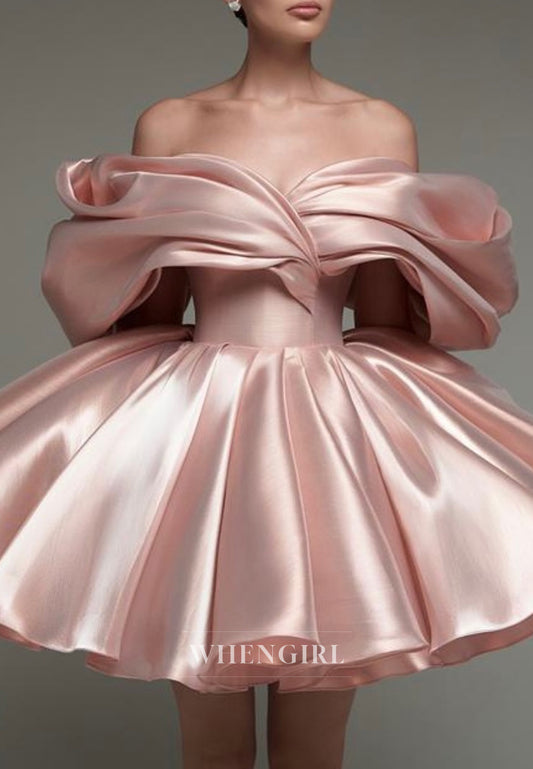 Pearl Pink Off Shoulder A-Line Tie Back Satin Homecoming Dress