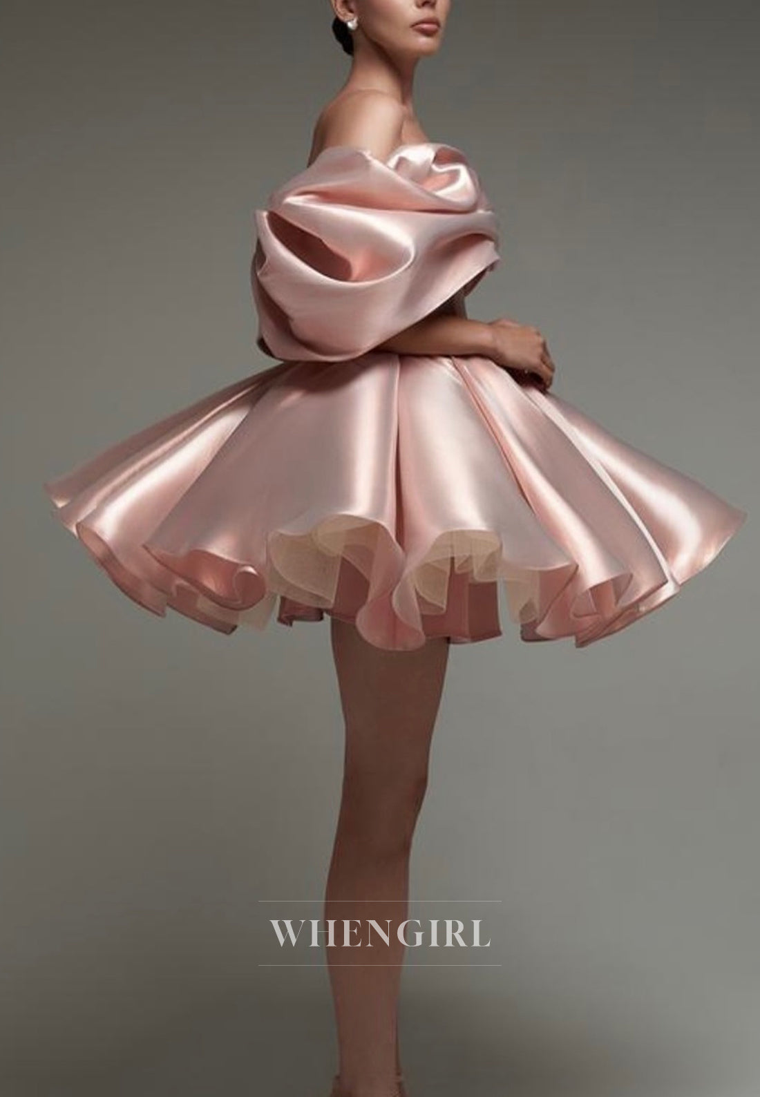 Pearl Pink Off Shoulder A-Line Tie Back Satin Homecoming Dress