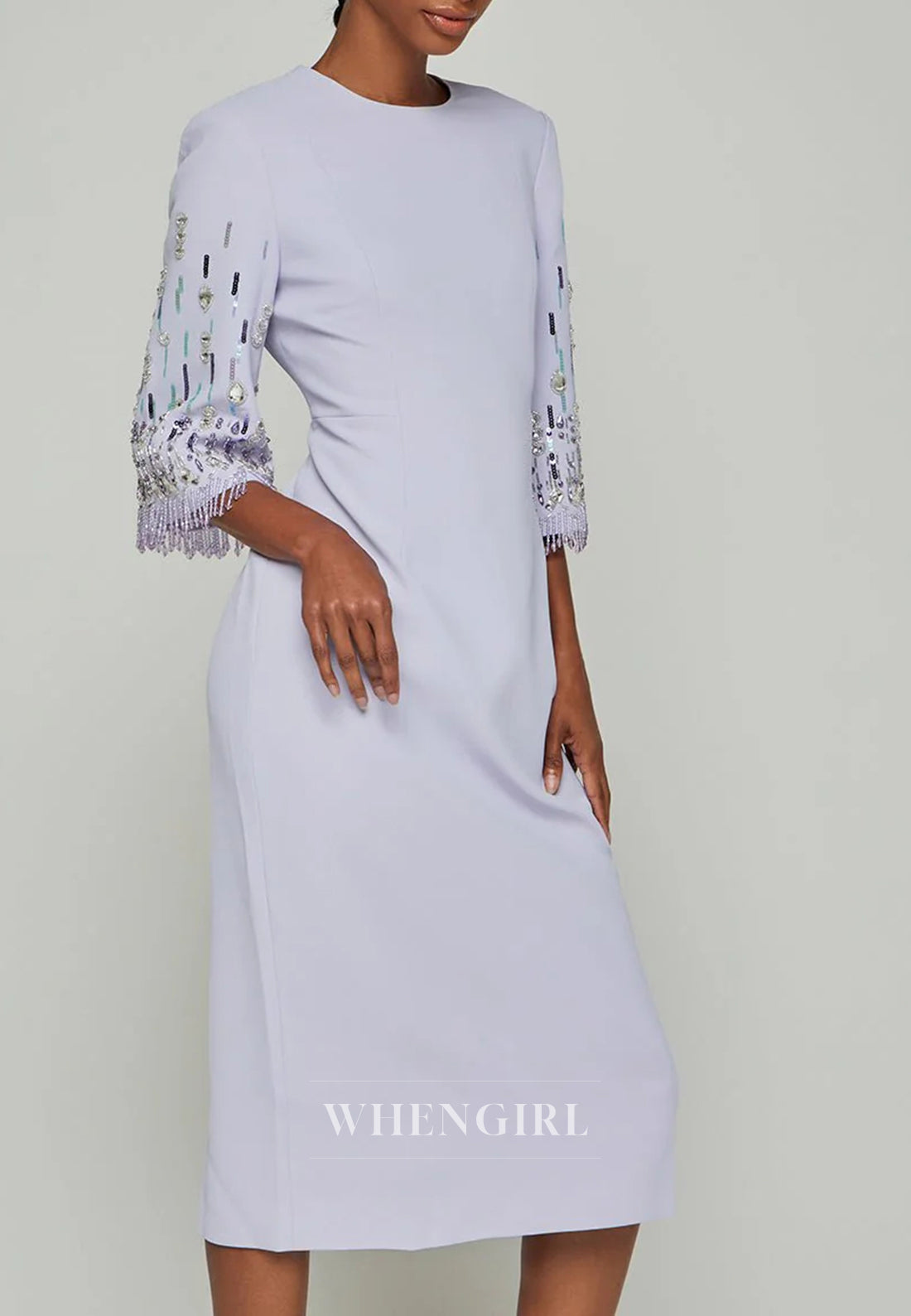 Sheath Bateau Neck Half Sleeves Beaded Tea Length Back Zipper Evening Dress