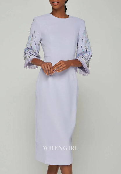 Sheath Bateau Neck Half Sleeves Beaded Tea Length Back Zipper Evening Dress