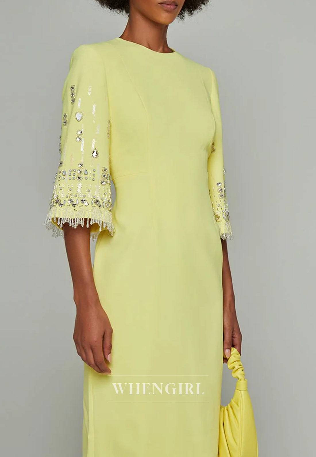 Sheath Bateau Neck Half Sleeves Beaded Tea Length Back Zipper Evening Dress