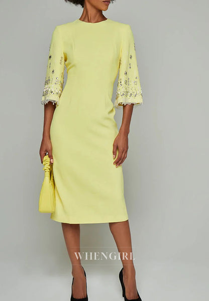 Sheath Bateau Neck Half Sleeves Beaded Tea Length Back Zipper Evening Dress