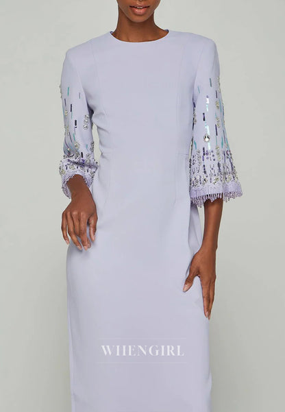 Sheath Bateau Neck Half Sleeves Beaded Tea Length Back Zipper Evening Dress