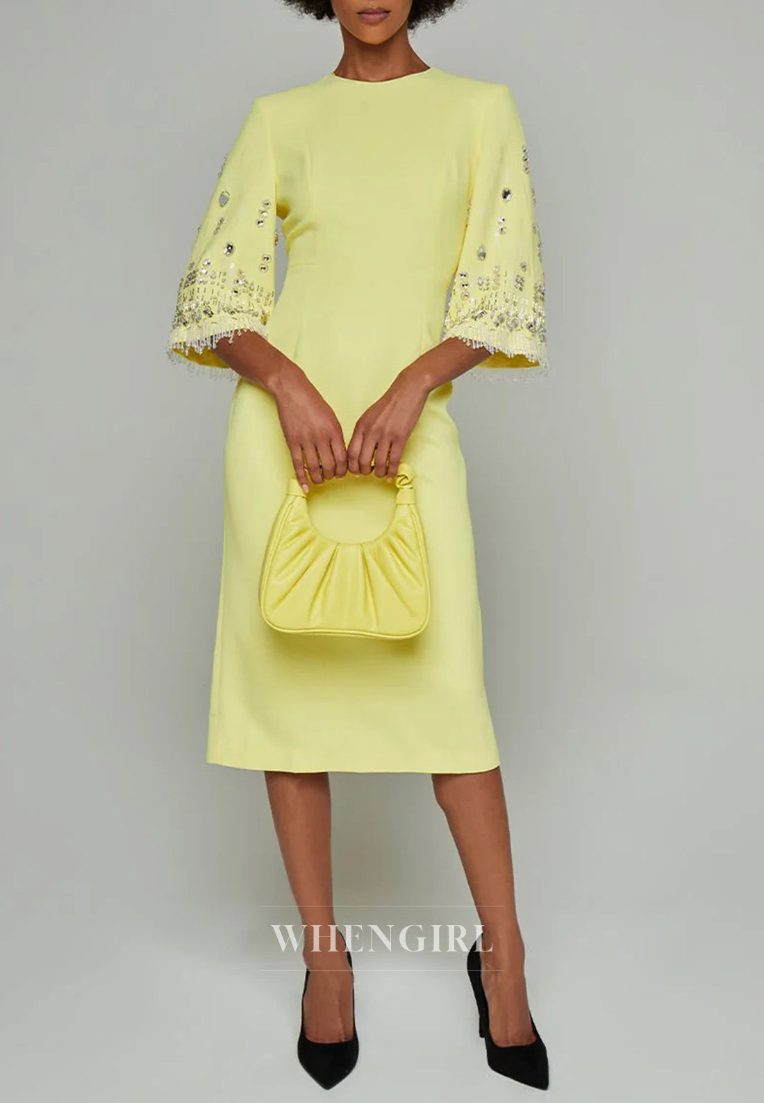 Sheath Bateau Neck Half Sleeves Beaded Tea Length Back Zipper Evening Dress