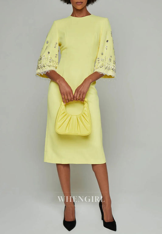 Sheath Bateau Neck Half Sleeves Beaded Tea Length Back Zipper Evening Dress