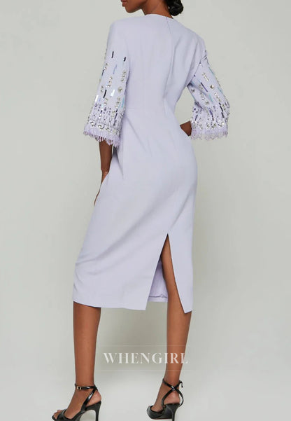 Sheath Bateau Neck Half Sleeves Beaded Tea Length Back Zipper Evening Dress