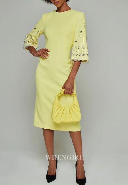 Sheath Bateau Neck Half Sleeves Beaded Tea Length Back Zipper Evening Dress