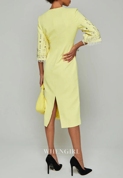 Sheath Bateau Neck Half Sleeves Beaded Tea Length Back Zipper Evening Dress