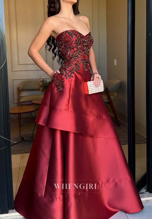 Burgundy Sweetheart Sleeveless Tube Top Embroidery A-Line Floor Length Formal Evening Dress