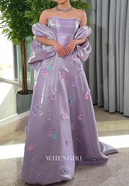 Lilac Tube Top Floral Formal Dress A-Line Strapless Evening Gown with Cape