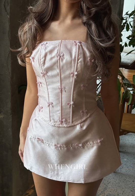 Light Pink Strapless Sleeveless Floral Sheath Mini Homecoming Dress