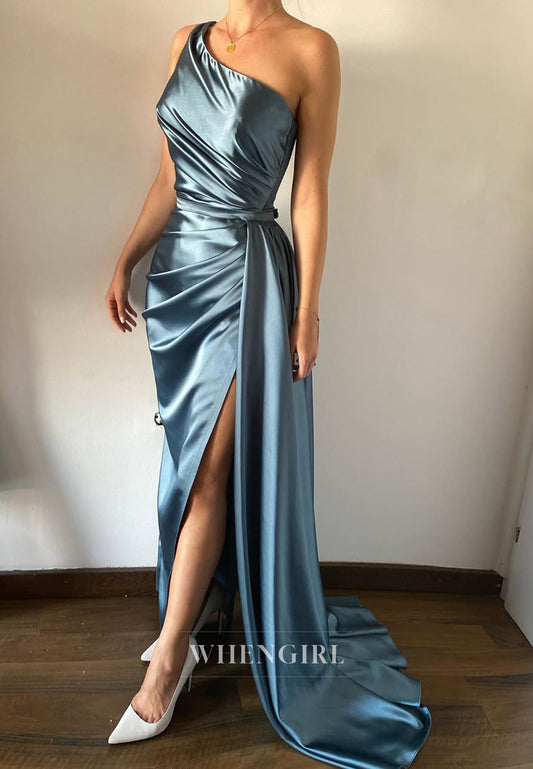 One Shoulder Pleated Sleeveless Sheath Side Slit Evening Formal Gown with Sweep Train