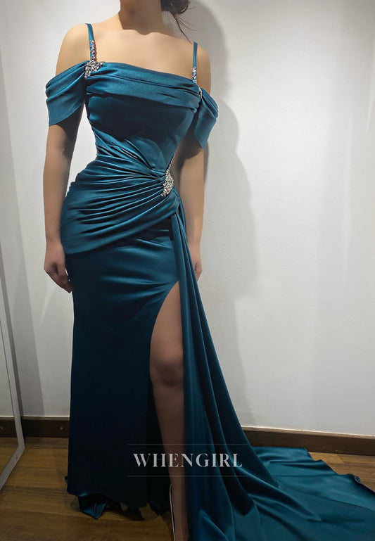 Sheath Off Shoulder Pleats Side Slit Sleeveless Evening Formal Gown with Beads and Sweep Train