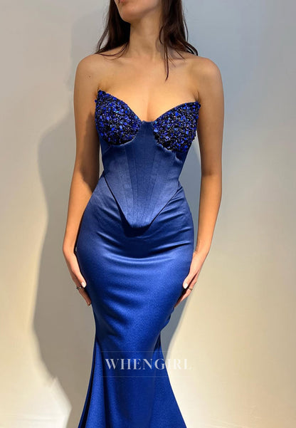 Royal Blue V Neck Strapless Mermaid Formal Dress Sleeveless Beaded Evening Gown