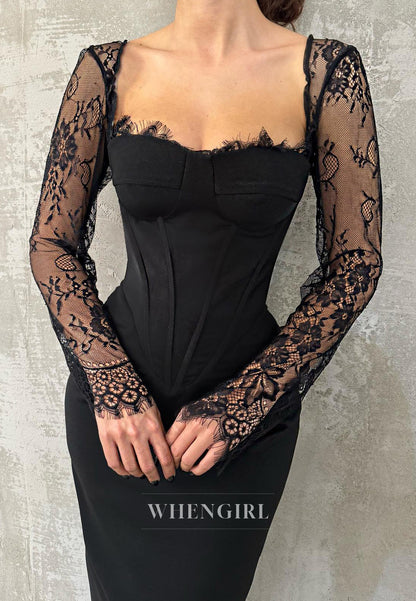 Vintage Long Sleeves Empire Waist Sweetheart Sheath Long Formal Party Gown with Applique