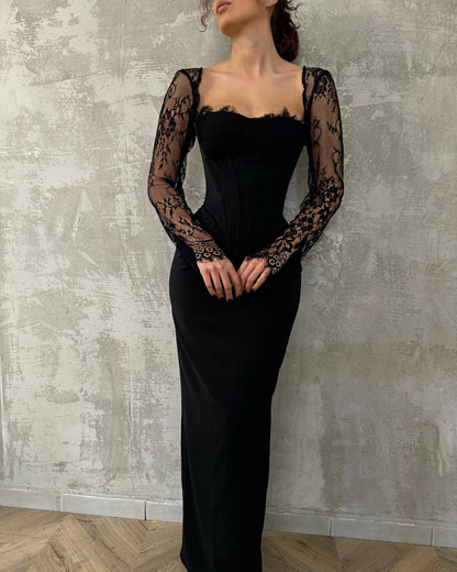 Elegant Long Sleeves Sweetheart Sheath Satin Long Formal Occasion with Appliques Party Gown