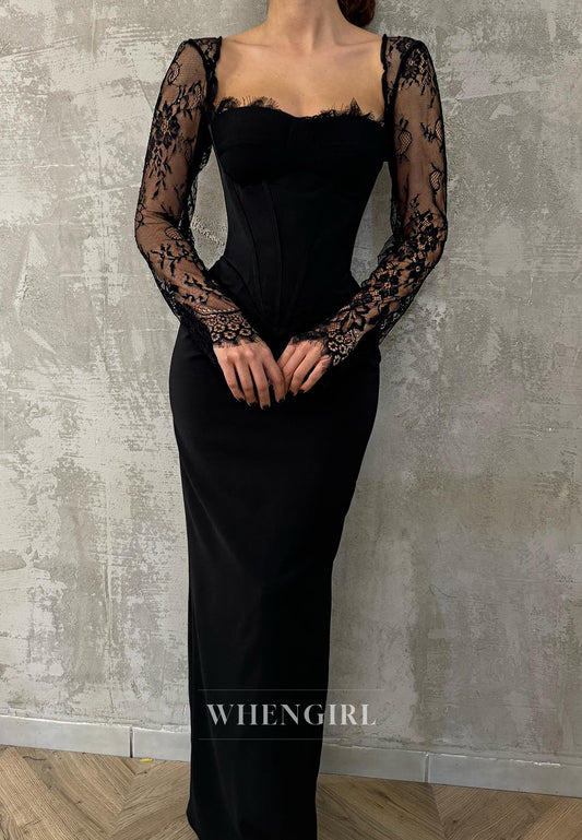 Vintage Long Sleeves Empire Waist Sweetheart Sheath Long Formal Party Gown with Applique