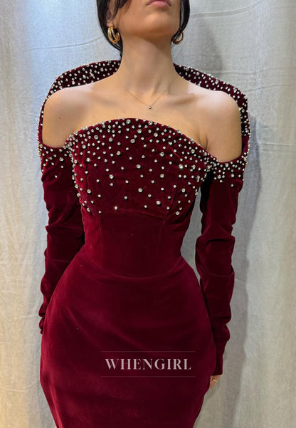 Burgundy Sheath Off Shoulder Velvet Formal Evening Dress with Beads and long Sleeves