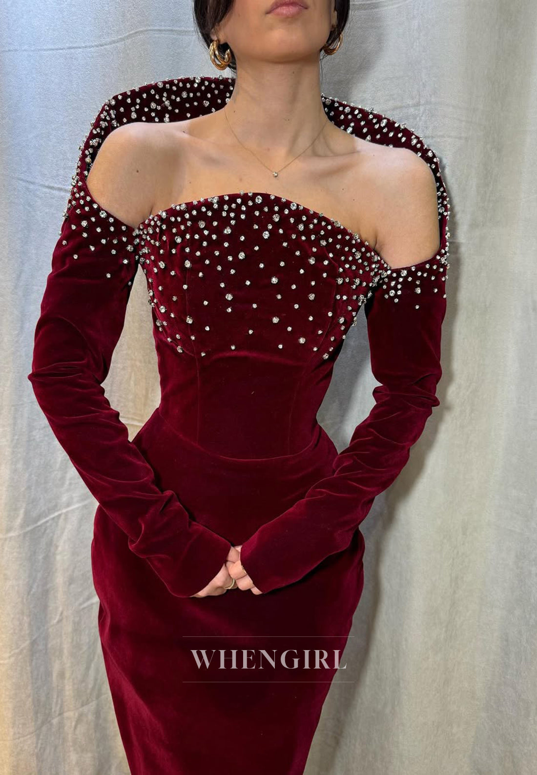 Burgundy Sheath Off Shoulder Velvet Formal Evening Dress with Beads and long Sleeves