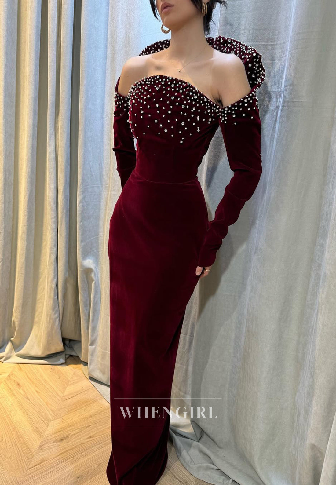Burgundy Sheath Off Shoulder Velvet Formal Evening Dress with Beads and long Sleeves