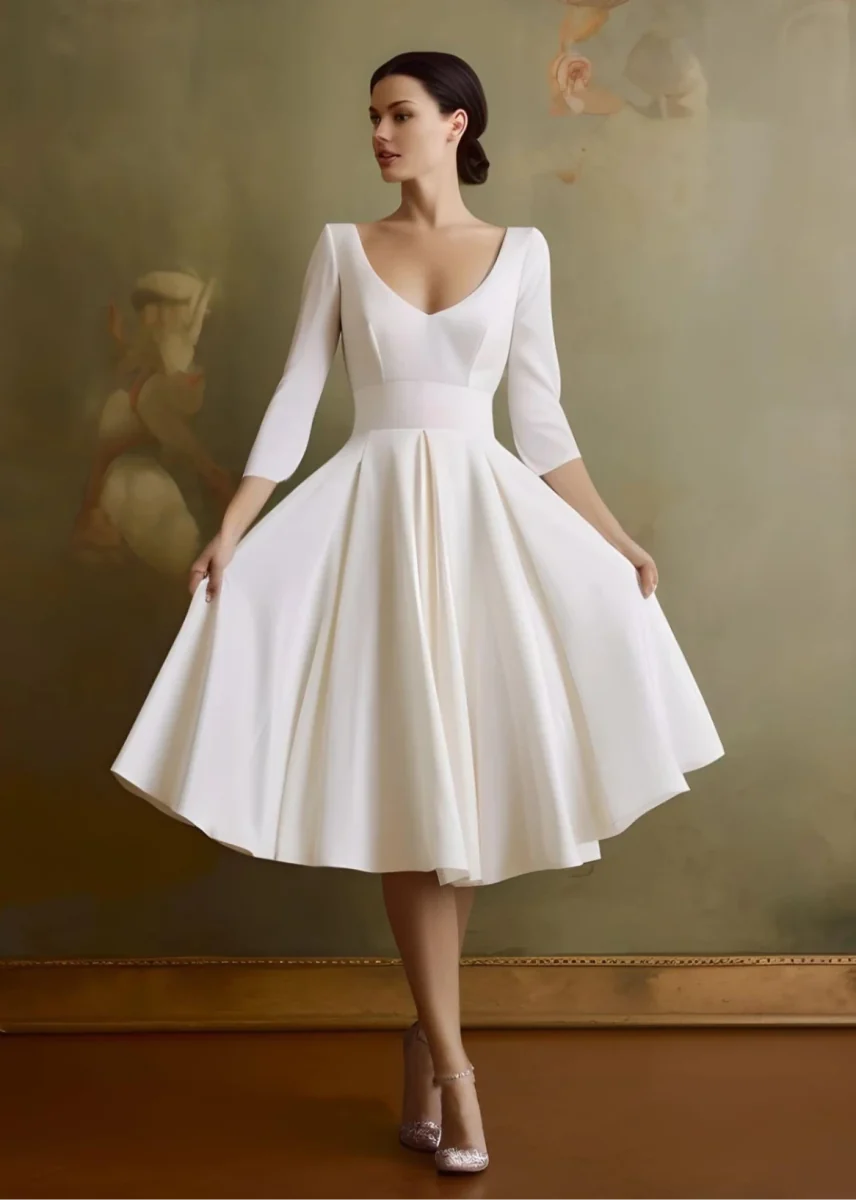 Blanca | Vintage Sleeved A-Line V-neck Satin Tea Length Wedding Dress
