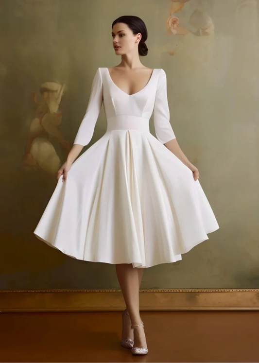Blanca | Vintage Sleeved A-Line V-neck Satin Tea Length Wedding Dress