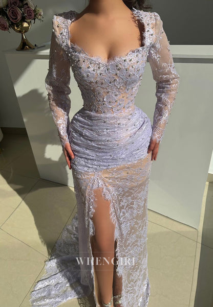 Lavender Sheath Pleated Beaded Long Sleeves Sweetheart Side Slit Lace Evening Gown