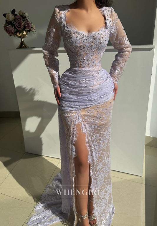 Lavender Sheath Pleated Beaded Long Sleeves Sweetheart Side Slit Lace Evening Gown